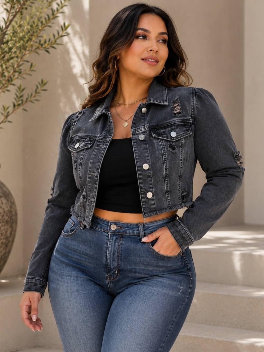 Distressed Cropped Black Denim Jacket - Women